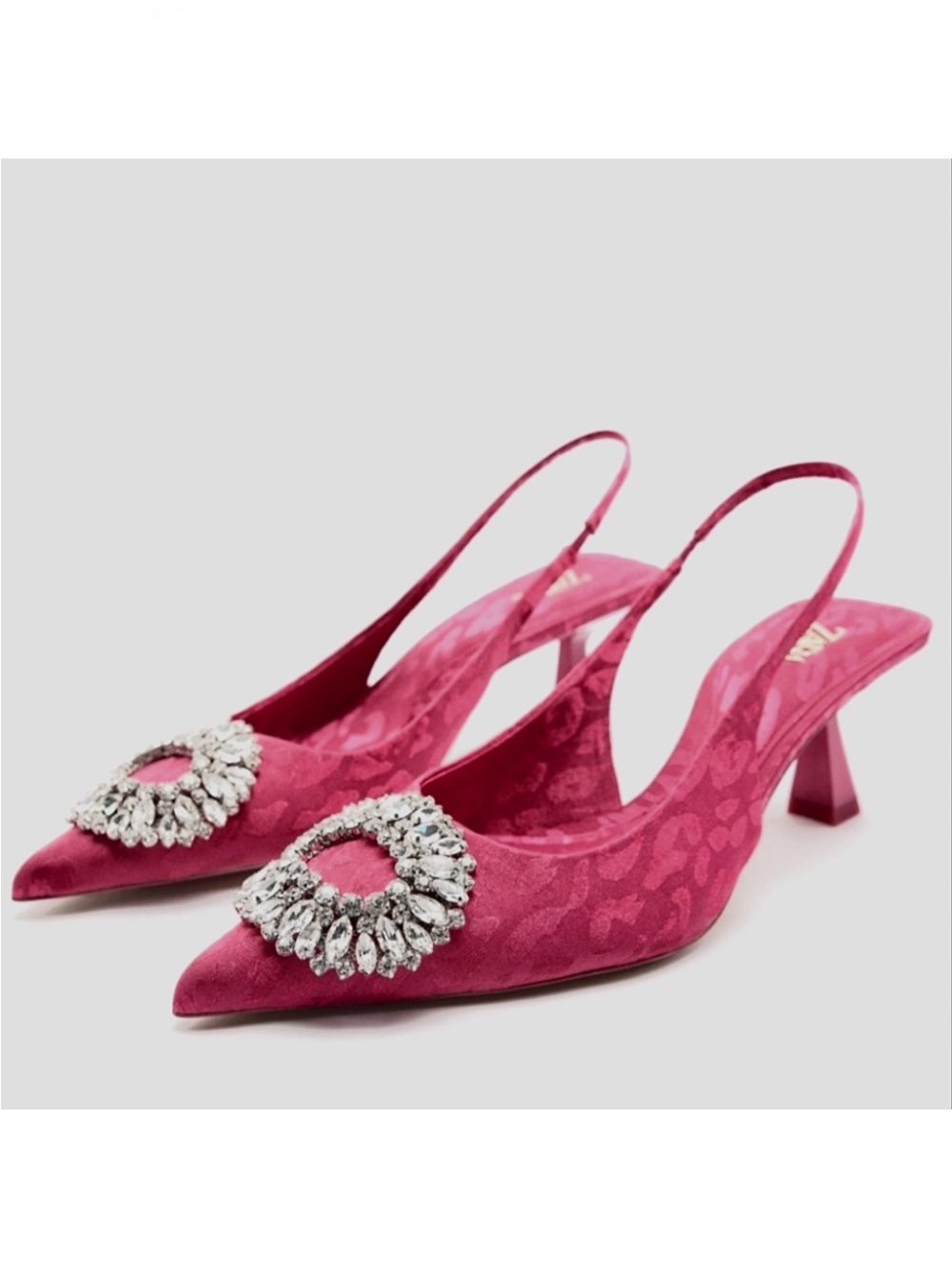 Zara Fuchsia Satin Slingback Kitten Heels with Crystal brooch embellishment